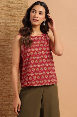 Red Cotton Sleeveless Floral Print Top - Ria Fashions