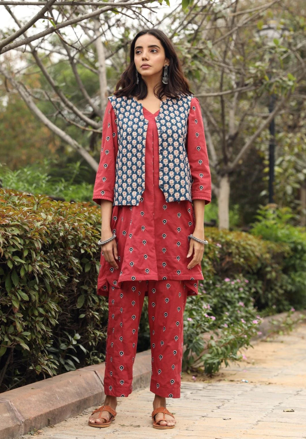 Kaftan/indian Ethnic Kurta With Palazzo Pant and Jacket/ Layered Kurta/  Long Dress Set/palazzo/ Jacket/ Block Print/modal Silk - Etsy