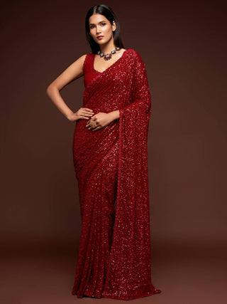 Red Georgette Sequined Saree - Ria Fashions