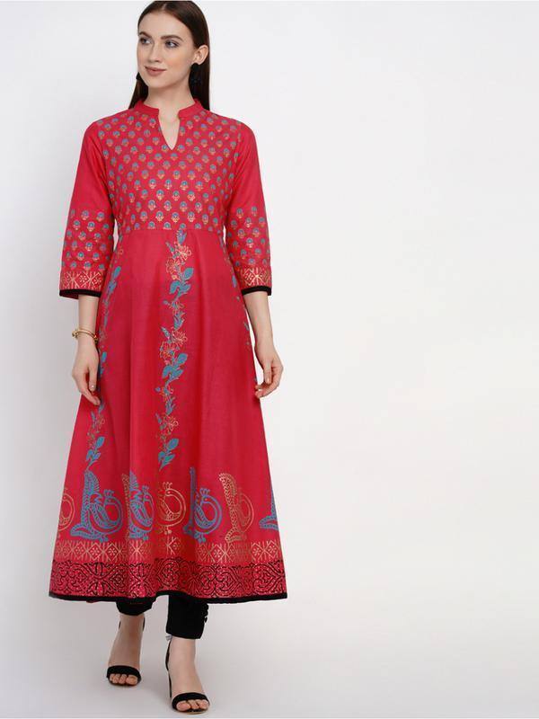 Red Hand Block Print Anarkali Style Kurta - Ria Fashions