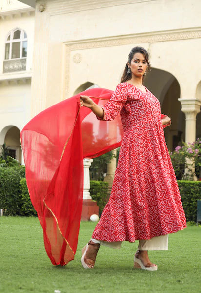 Cotton Red Bandhani Print Anarkali Suit Set