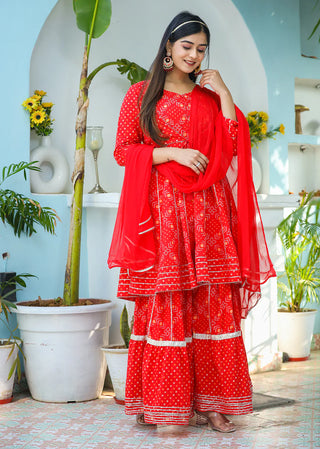 Red Cotton Paplum Bandhani Print Sharara Set with Dupatta