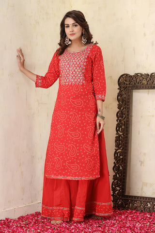 Cotton Red Bandhani Print & Embroidered Sharara Set with Dupatta