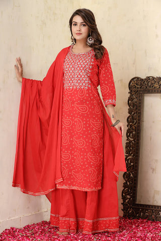 Cotton Red Bandhani Print & Embroidered Sharara Set with Dupatta
