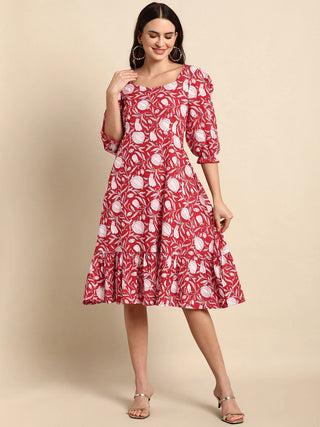 Cotton Red Floral Print Dress