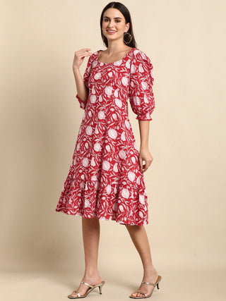 Cotton Red Floral Print Dress