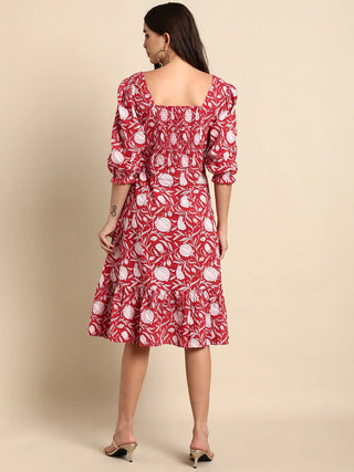 Cotton Red Floral Print Dress