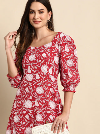 Cotton Red Floral Print Dress