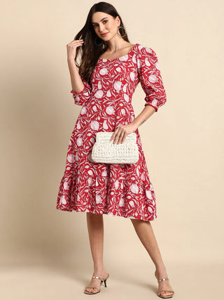 Cotton Red Floral Print Dress