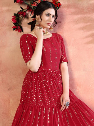 Red Georgette Sequins Embellished Embroidered Anarkali Gown