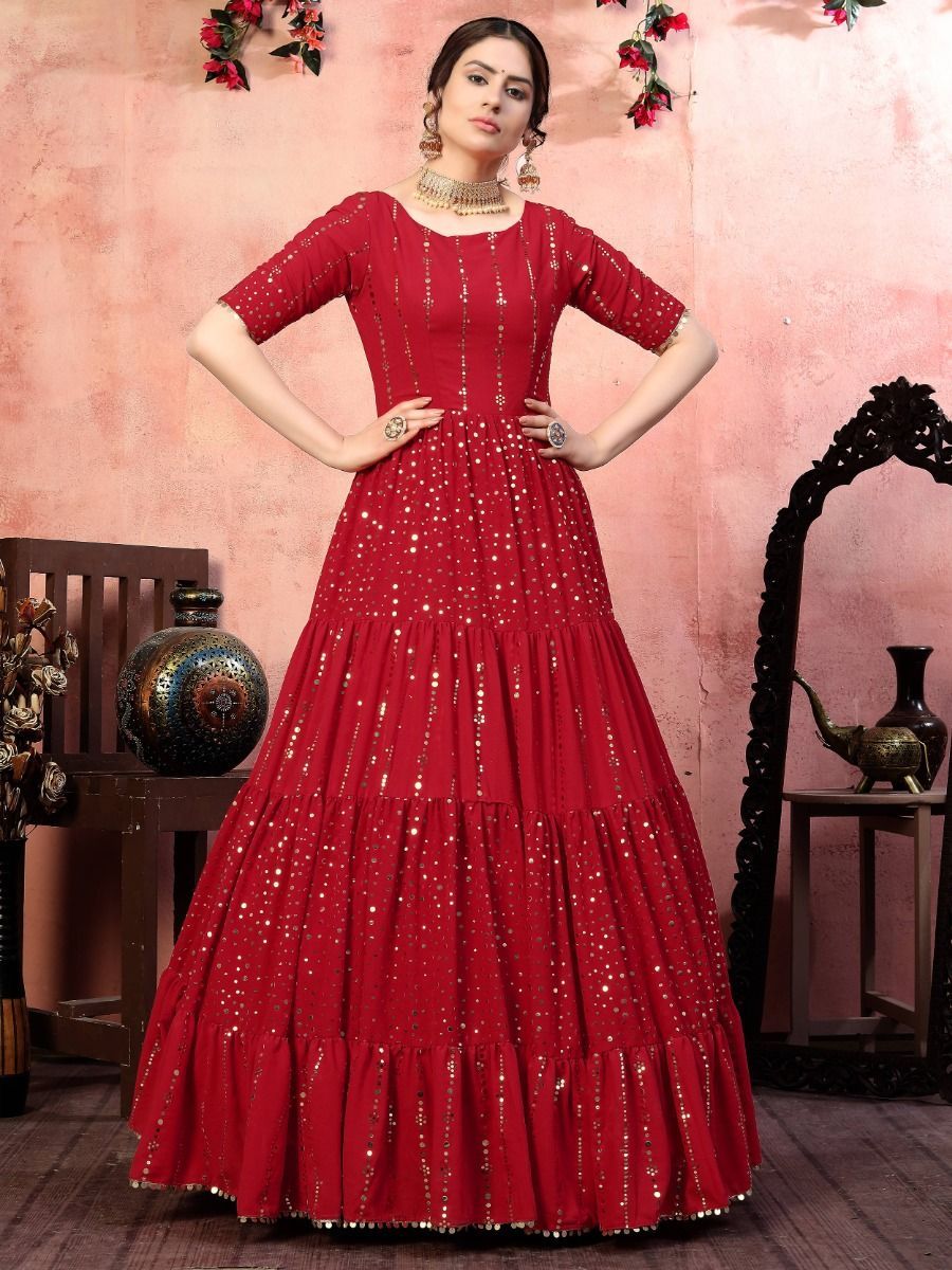Red Georgette Sequins Embellished Embroidered Anarkali Gown