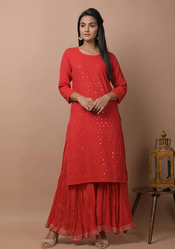 Red Embellished Sequins Detailing Kurta Sharara Set