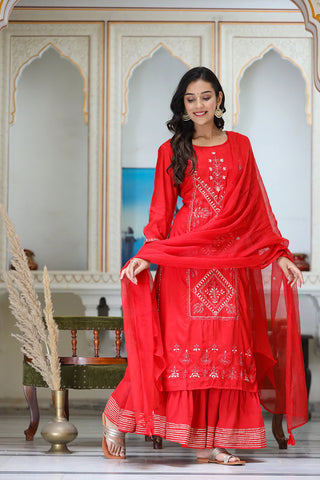 Silk Red Zari Embroidered Sharara Set with Kota Doria Dupatta