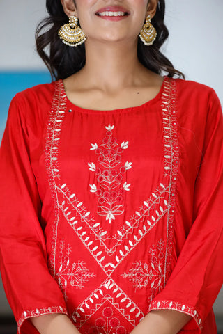 Silk Red Zari Embroidered Sharara Set with Kota Doria Dupatta