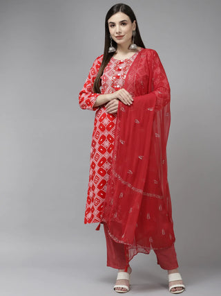 Red Rayon Bandhani Print & Sequin Detailing Suit Set with Chiffon Dupatta
