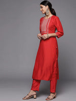 Red Silk Blend Embroidered Suit Set with Dupatta