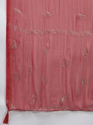 Red Rayon Bandhani Print & Sequin Detailing Suit Set with Chiffon Dupatta