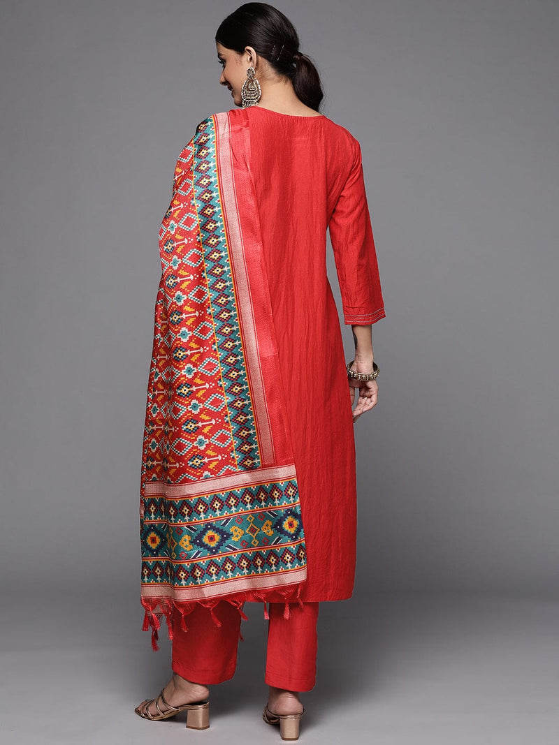 Red Silk Blend Embroidered Suit Set with Dupatta