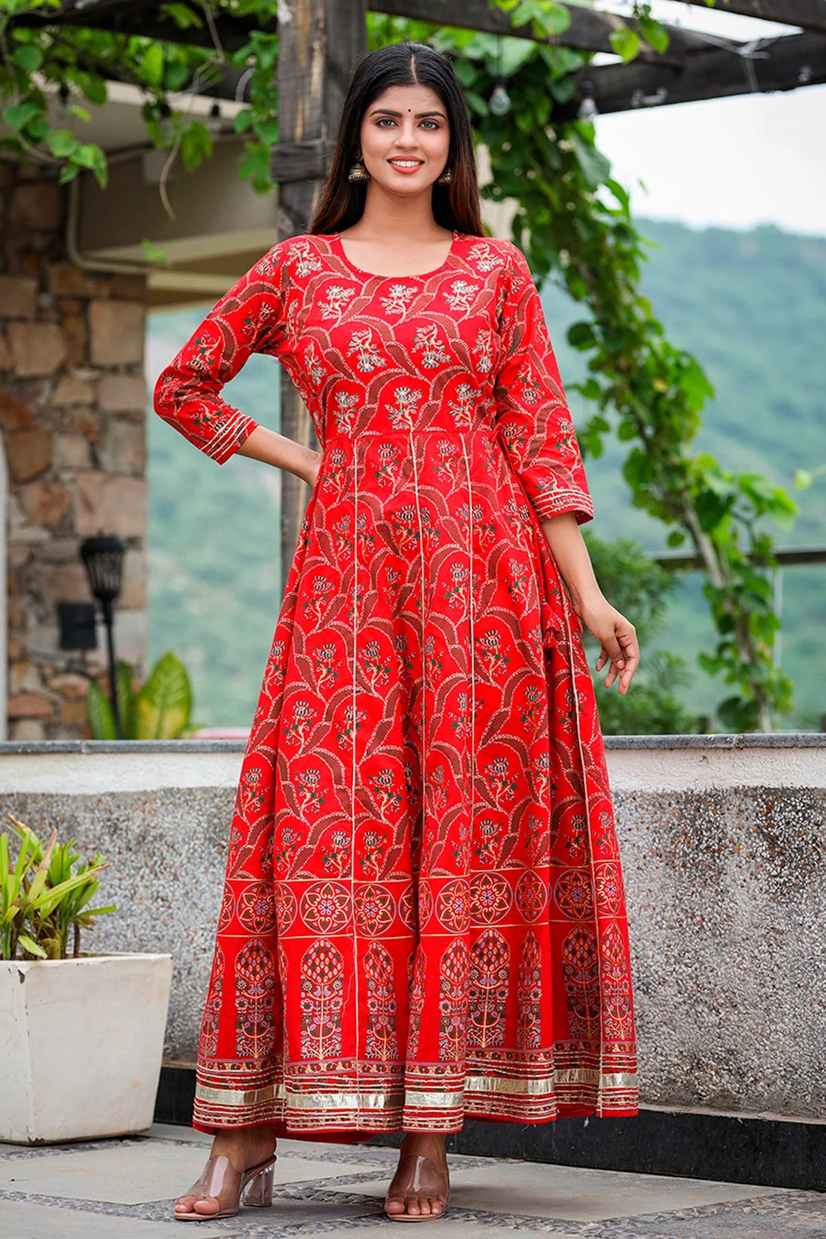 Malaika Arora Floral Embroidered Fit & Flare Maxi Ethnic Dress With Du –  Inddus.com