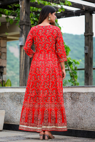 Red Cotton Floral Gold Print Ethnic Gown