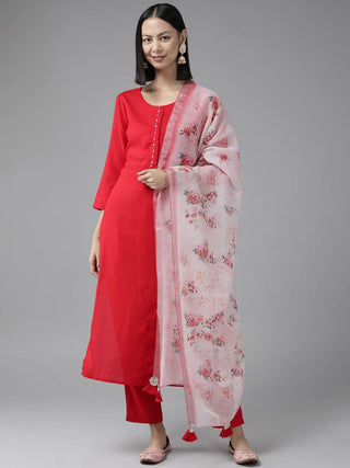 Red Viscose Rayon Suit Set with Cotton Dupatta