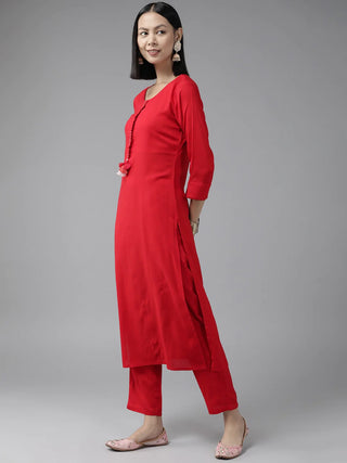 Red Viscose Rayon Suit Set with Cotton Dupatta