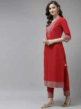 Red Cotton Ethnic Motif Yoke Design Suit Set with Chiffon Dupatta