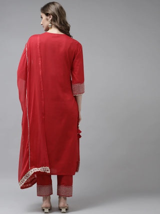 Red Cotton Ethnic Motif Yoke Design Suit Set with Chiffon Dupatta