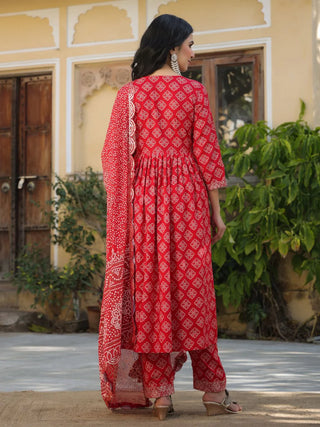 Red Rayon Printed & Embroidered Nyra Cut Suit Set with Chiffon Dupatta