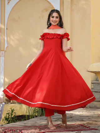 Solid Red Cotton Off Shoulder Anarkali Set with Chiffon Dupatta