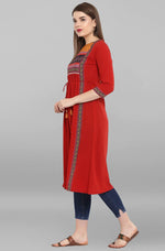 Red Poly Crepe Floral Print A Line Kurta
