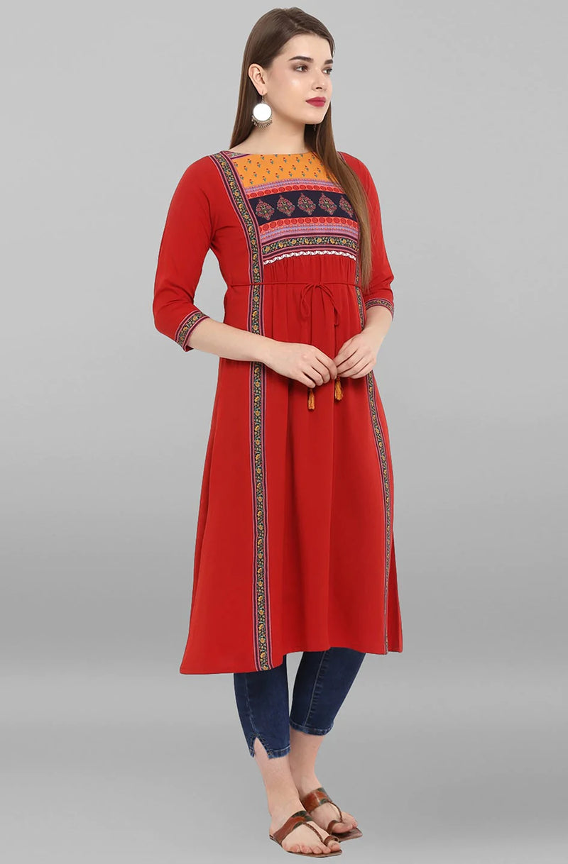 Red Poly Crepe Floral Print A Line Kurta