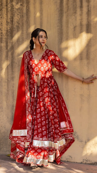 Red Cotton Printed Open Front Anarkali Style Kurta Teamed with Flared Skirt and a Soft Net Dupatta