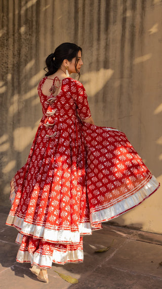 Red Cotton Printed Open Front Anarkali Style Kurta Teamed with Flared Skirt and a Soft Net Dupatta