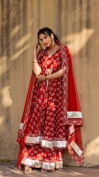 Red Cotton Printed Open Front Anarkali Style Kurta Teamed with Flared Skirt and a Soft Net Dupatta