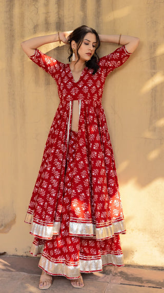 Red Cotton Printed Open Front Anarkali Style Kurta Teamed with Flared Skirt and a Soft Net Dupatta