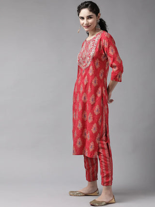 Red Rayon Paisley Print & Gota Patti Detailing Suit Set with Poly Chiffon Dupatta