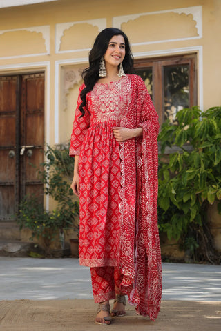 Red Rayon Printed & Embroidered Suit Set with Chiffon Dupatta