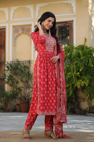Red Rayon Printed & Embroidered Suit Set with Chiffon Dupatta