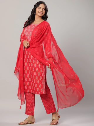 Viscose Rayon Red Printed Suit Set with Chiffon Dupatta