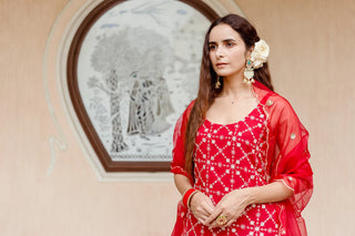 Red Georgette Fully Embroidered Sharara Set with Organza Dupatta