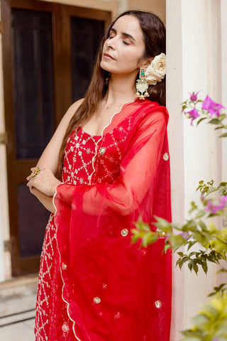 Red Georgette Fully Embroidered Sharara Set with Organza Dupatta