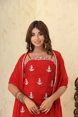 Red Silk Embroidered Sleeveless Suit Set with Dupatta