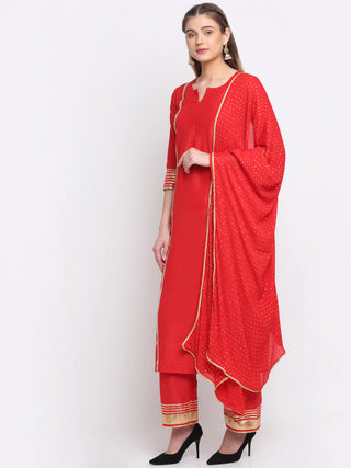 Cotton Silk Red Foil, Gota & Zari Detailing Suit Set with Georgette Dupatta
