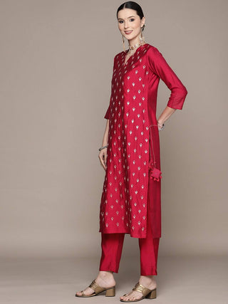 Red Silk Blend Floral Embroidered Suit Set with Dupatta - Ria Fashions