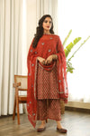 Cotton Red Block Print Suit Set with Cotton Doriya Dupatta with Motif Detailing