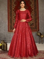 Red Taffeta Silk Embellished Detailing with Metallic Foil work Anarkali Gown