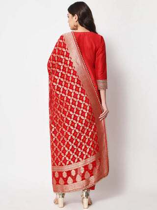 Red Cotton Silk Embroidered Suit Set with Georgette Banarasi Dupatta