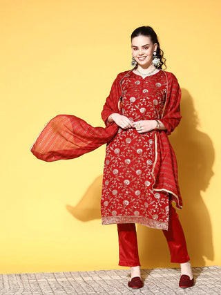 Red Brocade Woven Design Suit Set with Dupatta