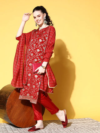 Red Brocade Woven Design Suit Set with Dupatta